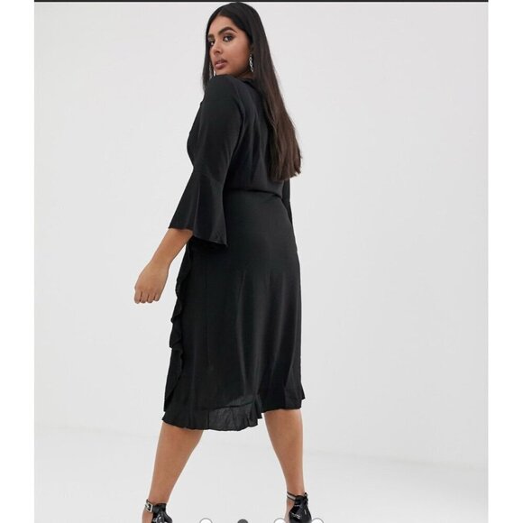 Outrageous Fortune Plus ruffle wrap dress with fluted sleeve in black - Picture 2 of 11